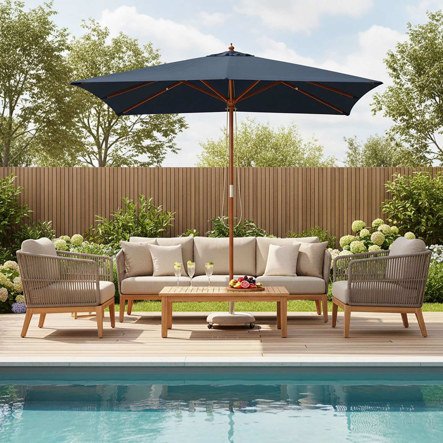 Houtstok parasol 3x3m Marine Blue Rhino